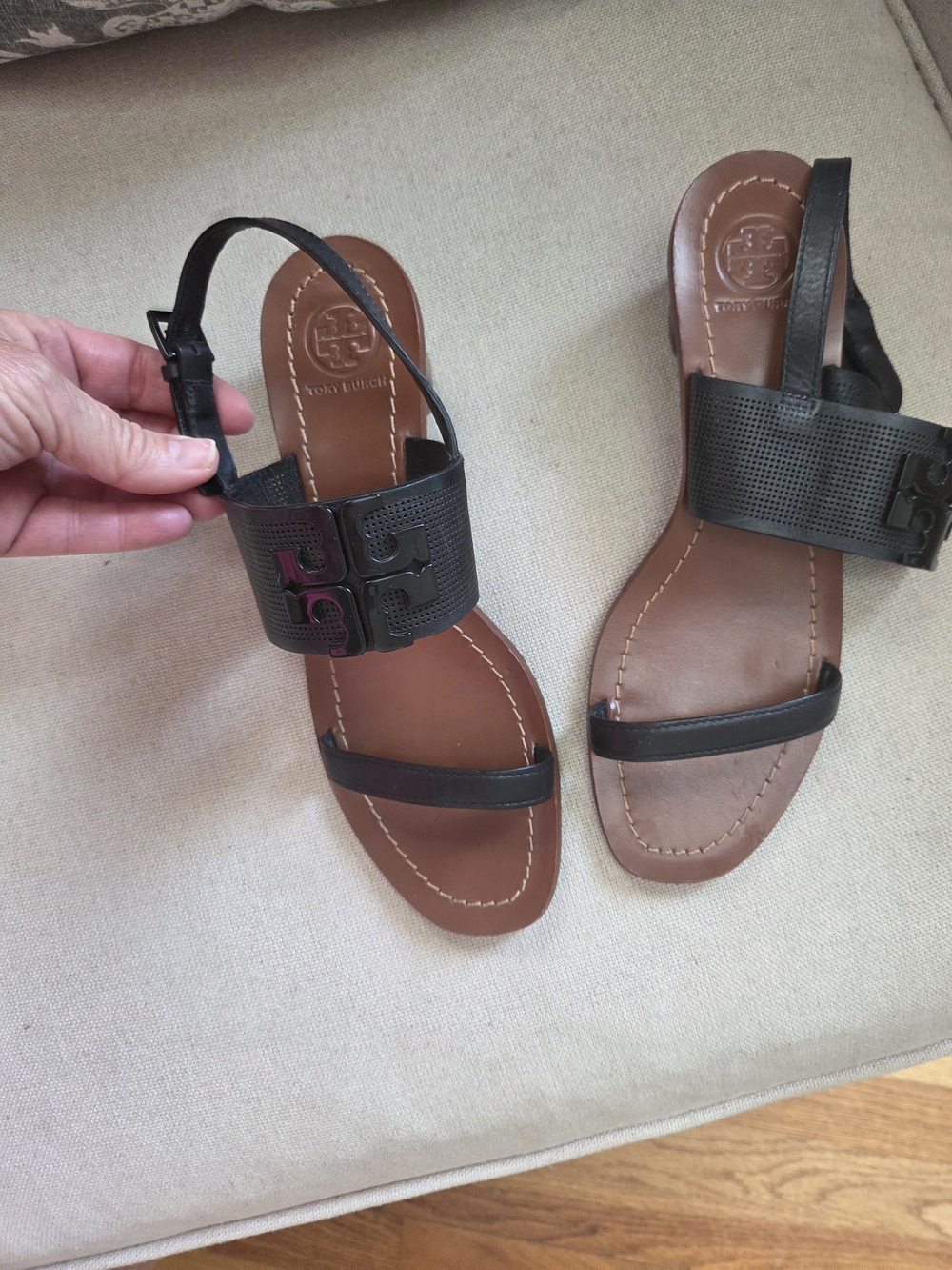 Tory Burch Black Leather Toe-Loop Logo Slingback Sandals LOWELL
